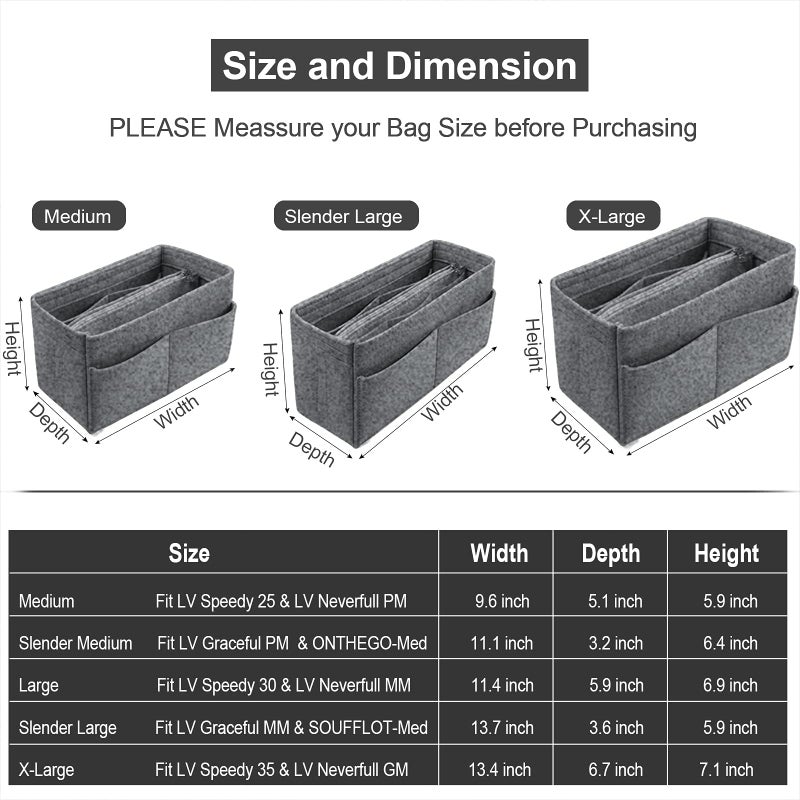 OMYSTYLE Grey Slender Large Organizer Insert, Felt Tote Bag Organizer Insert with 5 Sizes, Handbag Dividers for Inside Purse, Compatible with Longchamp, Neverful, Speedy and More - Image 2